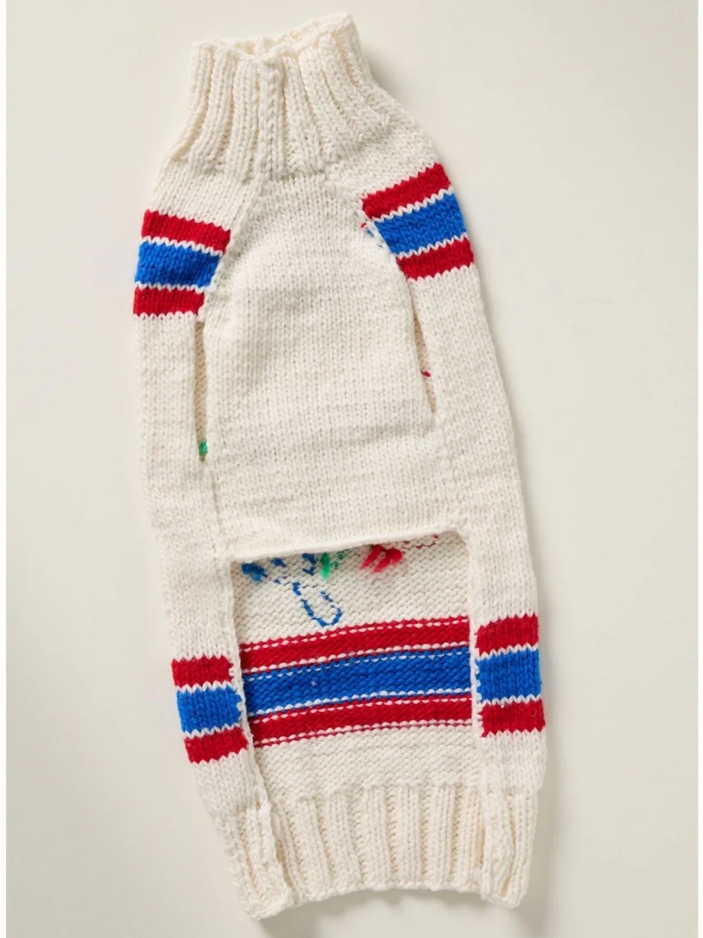 Anthropologie Cream Knit Dog Sweater with Red & Blue Stripes